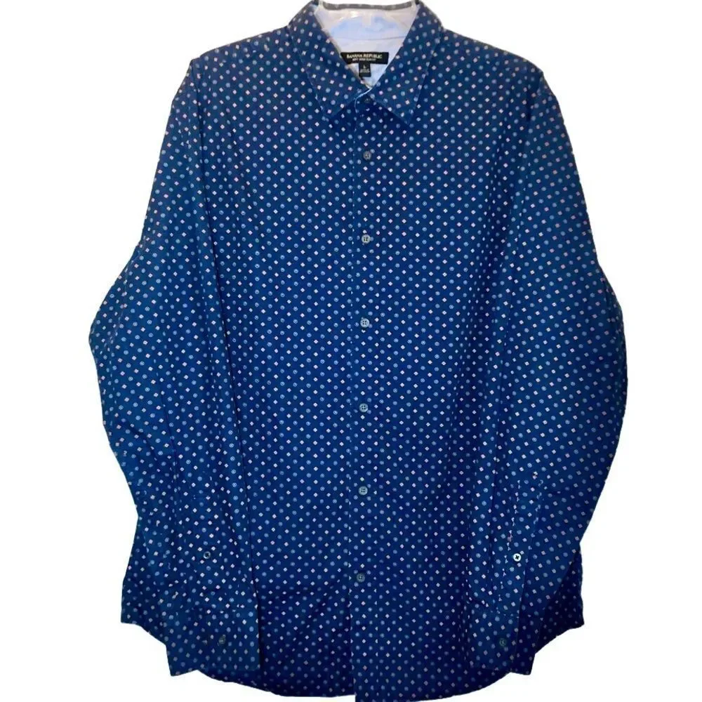 Banana Republic Soft Wash Slim Fit Mini Print Shirt in Navy Blue/Multi Men’s L